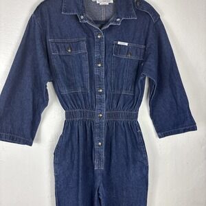 Vintage 80s IDEAS Denim Romper Coveralls Jumpsuit Large Denim Snap‎ 3/4 Sleeve